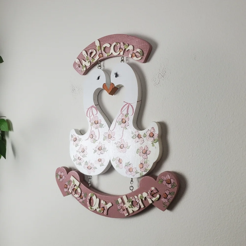 Floral Swan Wooden Wall Sign Pink Hues Hand Painted - Picture 3 of 11